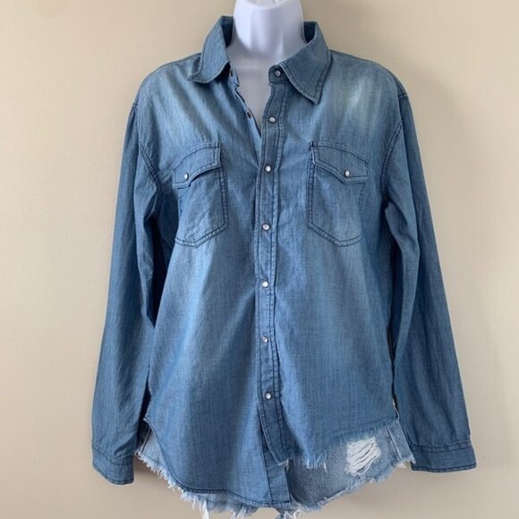 Revolve One Teaspoon Denim Button Down Shirt Chambray Frayed Blue Size XXS - Picture 2 of 16